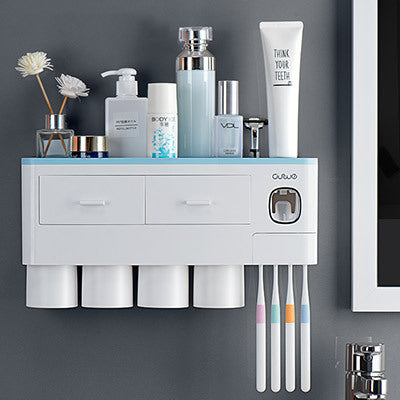 Non-Marking Magnetic Toothbrush Holder – Single Drawer Storage Rack with Toothpaste Squeezer and Toiletry Set