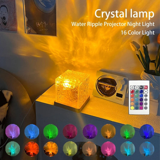 LED Water Ripple Ambient Night Light USB Rotating Projection Crystal Table Lamp RGB Dimmable Home Decoration 16 Color Gifts